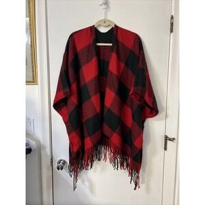 Justin Taylor Red Black Plaid Fringe Trim Poncho Scarf One Size 125525